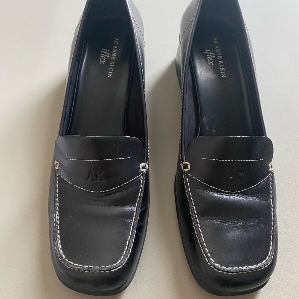 Anne Klein Black Loafers with White Stitching